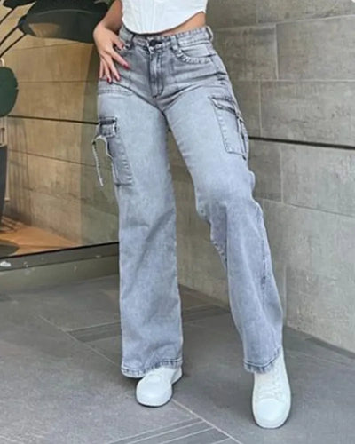 Weite Jeans mit hoher Taille und Taschenklappen für Frauen