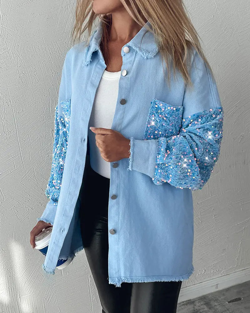 Kontrast-Pailletten-Quasten-Design Flauschige Patchwork-Jacke