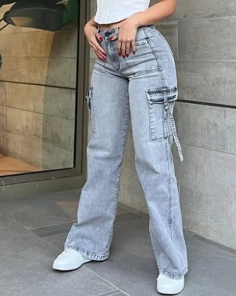 Weite Jeans mit hoher Taille und Taschenklappen für Frauen