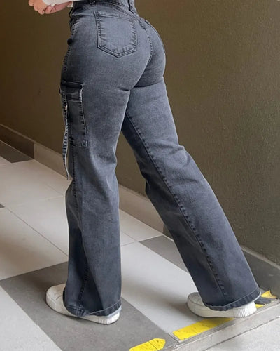 Weite Jeans mit hoher Taille und Taschenklappen für Frauen