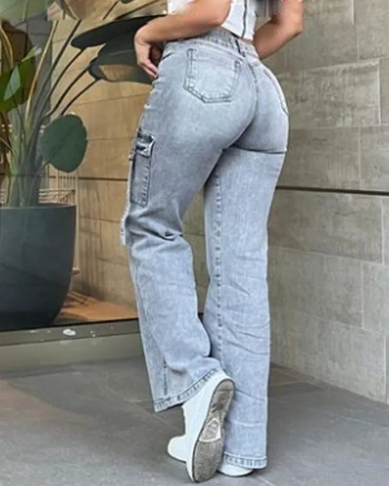 Weite Jeans mit hoher Taille und Taschenklappen für Frauen