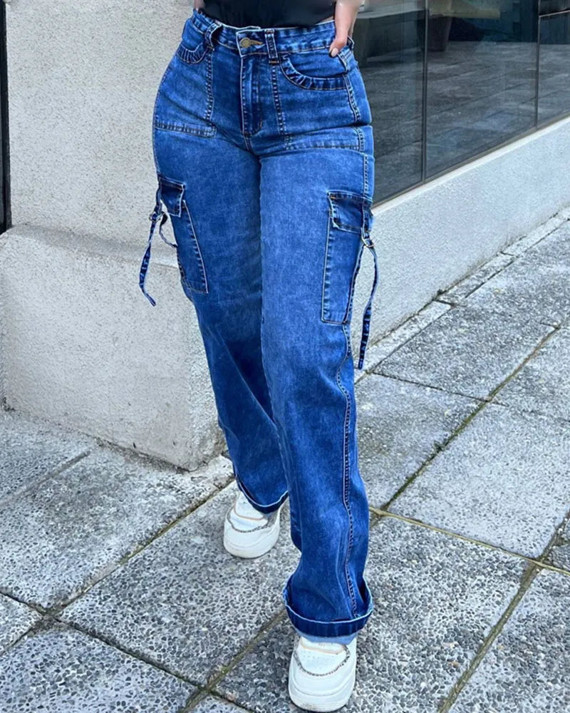 Weite Jeans mit hoher Taille und Taschenklappen für Frauen