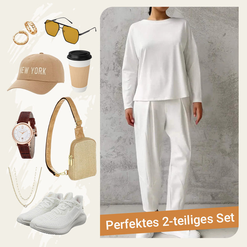 Mode, Freizeit : Langarmshirt mit rundem Hals & Hose – 2-teiliges Set